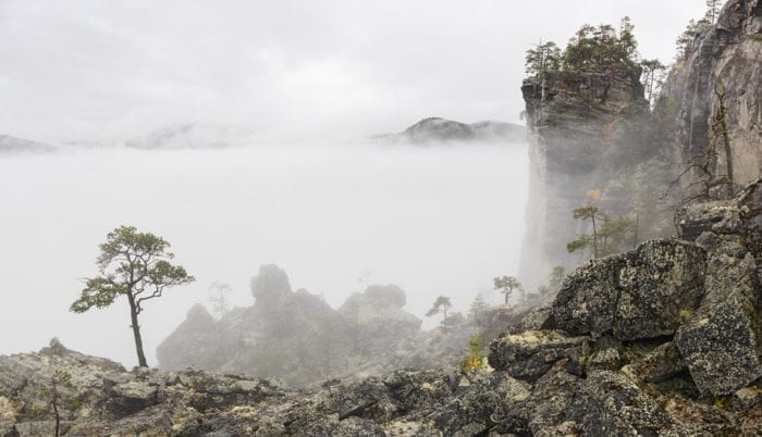 Rockslide in mist
