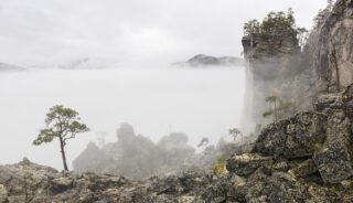 "Rockslide in mist" (Orsolya Haarberg) | direktetrykk på hvitmalt Dibond aluminiumsplate